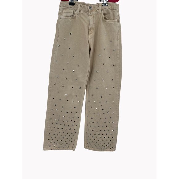 Zara Womens Size 6 Studdeded Wide Leg Jeans Beige Mid Rise Waist 30 Denim - Picture 4 of 8